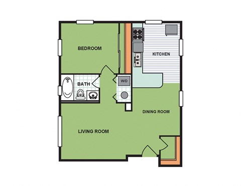 Floor plan for 1 bed, 1 bath, 723 sqft